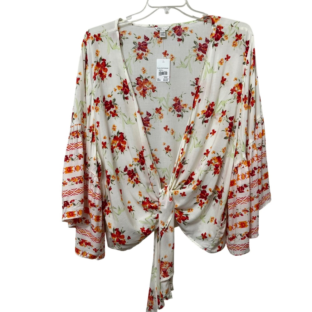 Cato Plus Sportswear Floral Tie Front Bell Sleeve Blouse Beetroot Pur 22/24W NEW